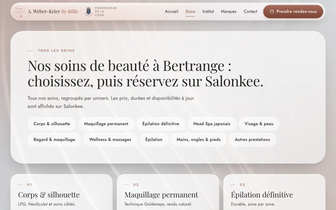 The services page: a headline, a row of category pills such as body, permanent make-up and head spa, and the first service cards.