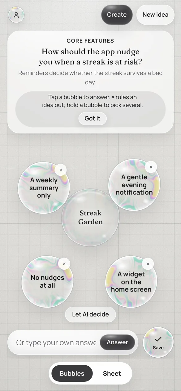 The iPhone layout of the same question with four answer bubbles, an answer field and Bubbles and Sheet tabs at the bottom.