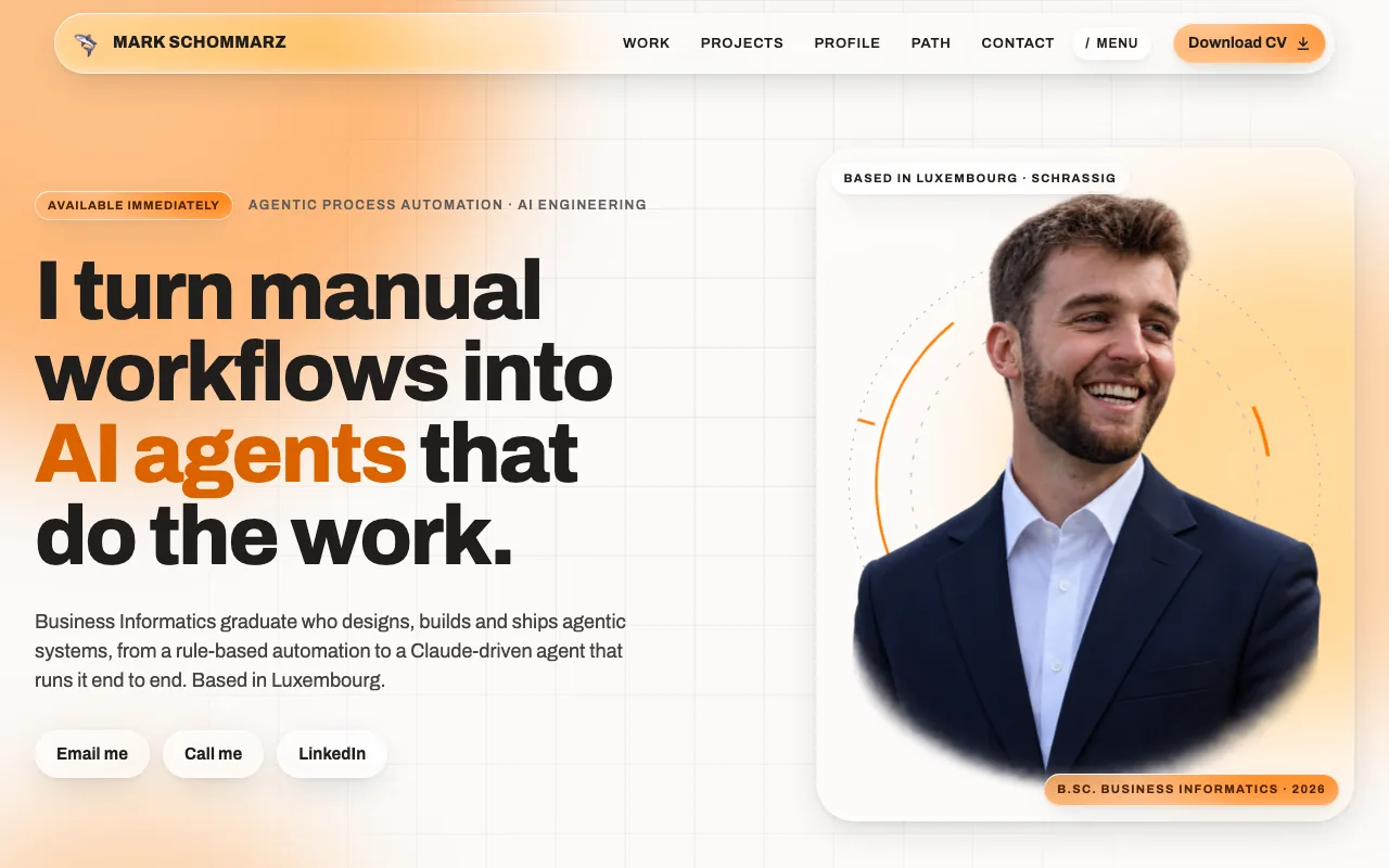 The top of this page on desktop: a translucent glass navigation bar floating above the hero with its headline, portrait and glass pills.